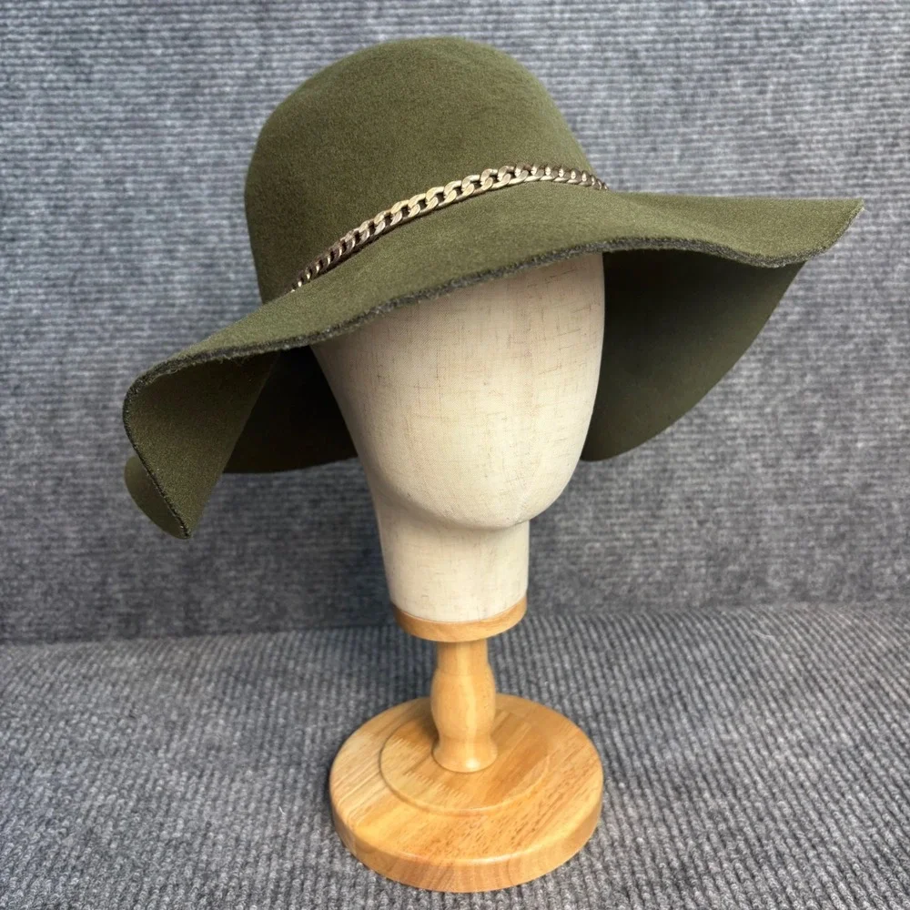 Olive Green Floppy Wide Brim Hat Gold Chain Boho Western Festival Felt